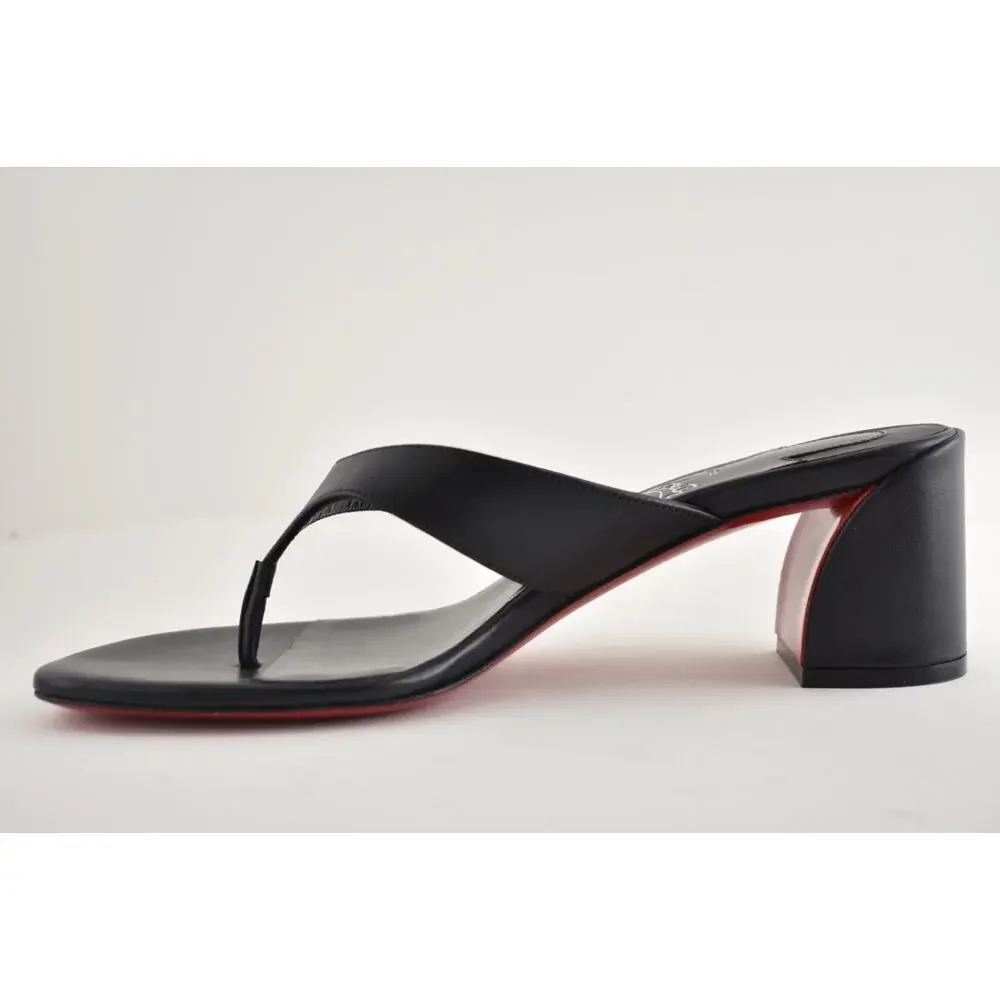 Christian Louboutin Janetonga 55 Black Leather Mule Thong Block Heel Sandal 37